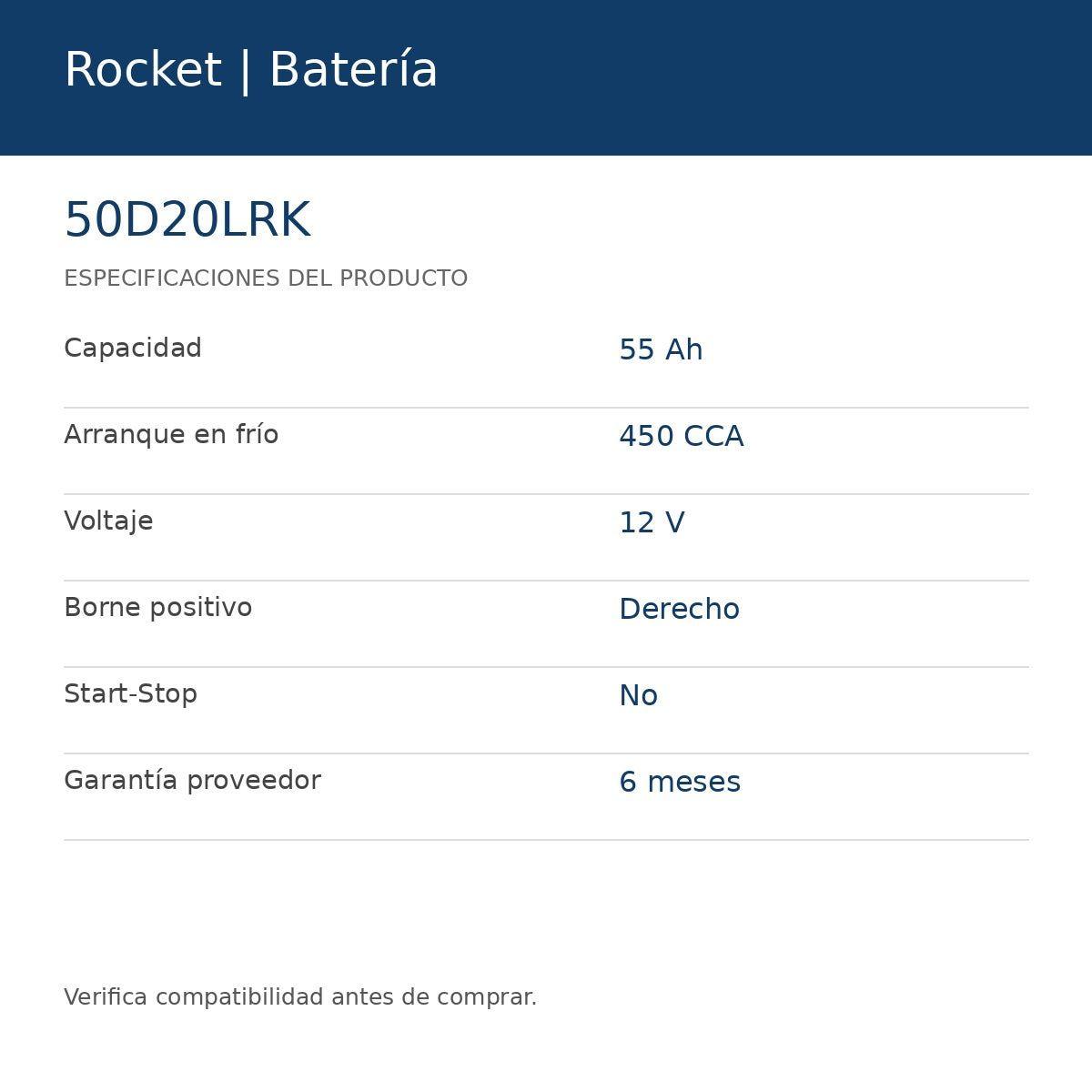 Batería Rocket 50D20LRK 12V 55Ah 450CCA-1