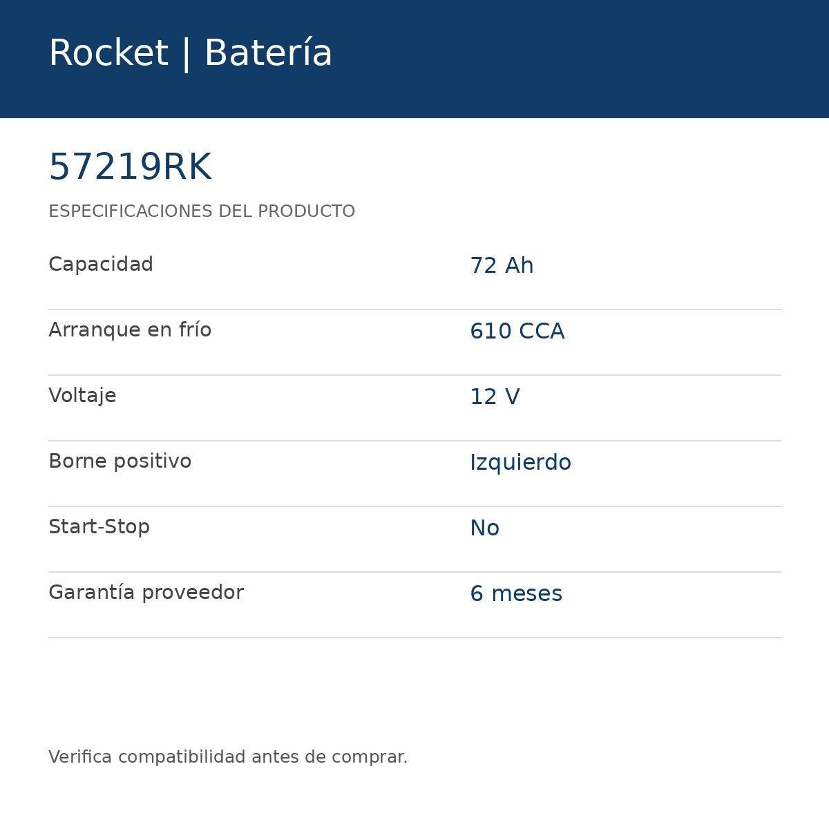 Batería Rocket 57219RK 12V 72Ah 610CCA-1