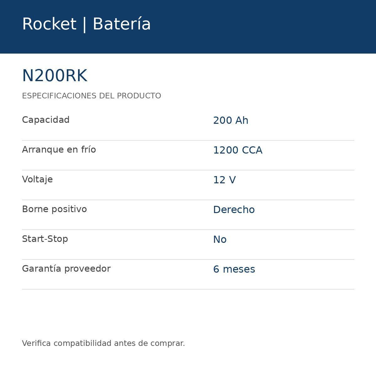 Batería Rocket N200RK 12V 200Ah 1200CCA-1