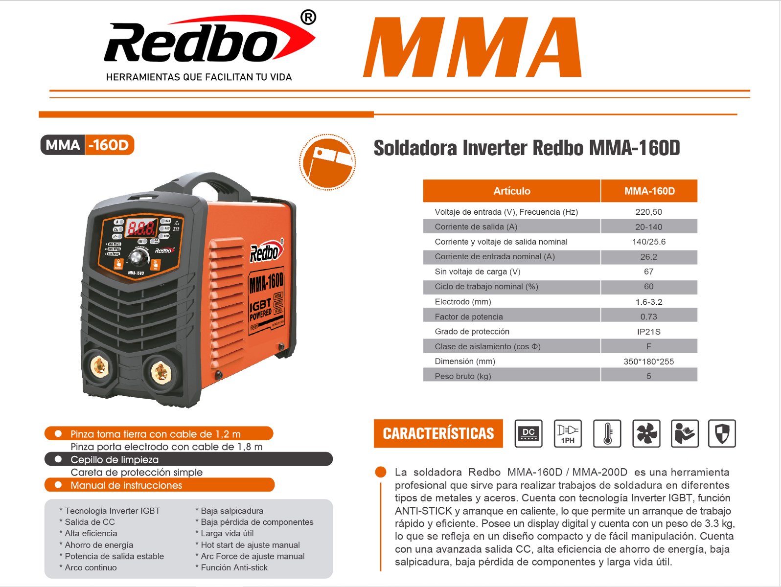 Soldadora Inverter REDBO MMA-160D-5