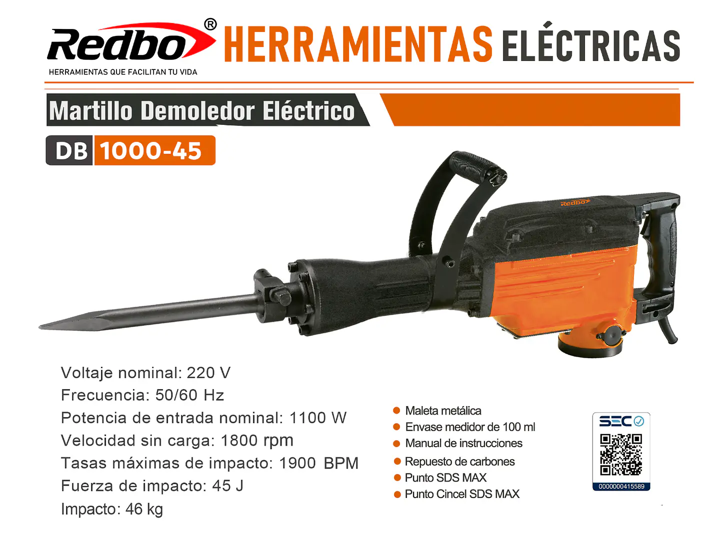 MARTILLO DEMOLEDOR ELECTRICO 1100W 45J REDBO DB 1000 45-4
