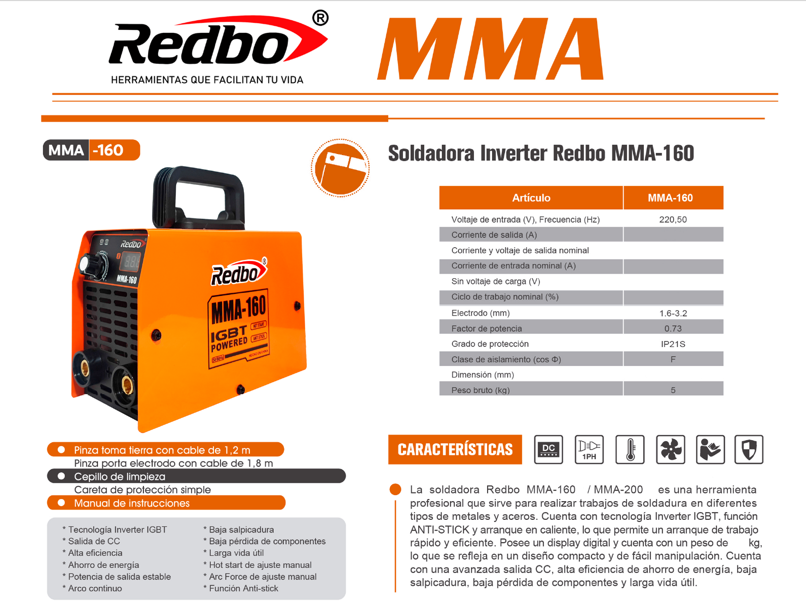 Soldadora Inverter Profesional REDBO MMA-160-3