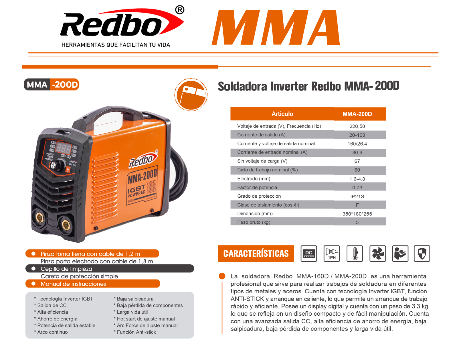 Soldadora Inverter Profesional REDBO MMA-200D-3