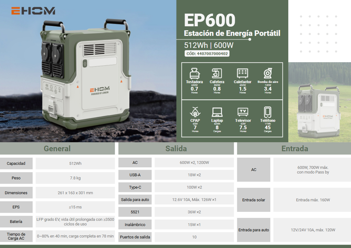 ESTACION DE ENERGÍA PORTÁTIL 600W EHOM EP600-7