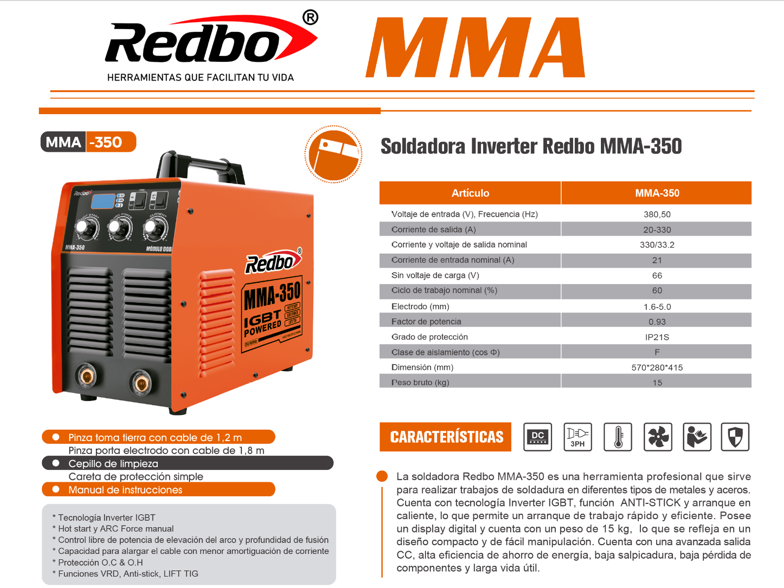 Soldadora Inverter Industrial REDBO MMA-350-3