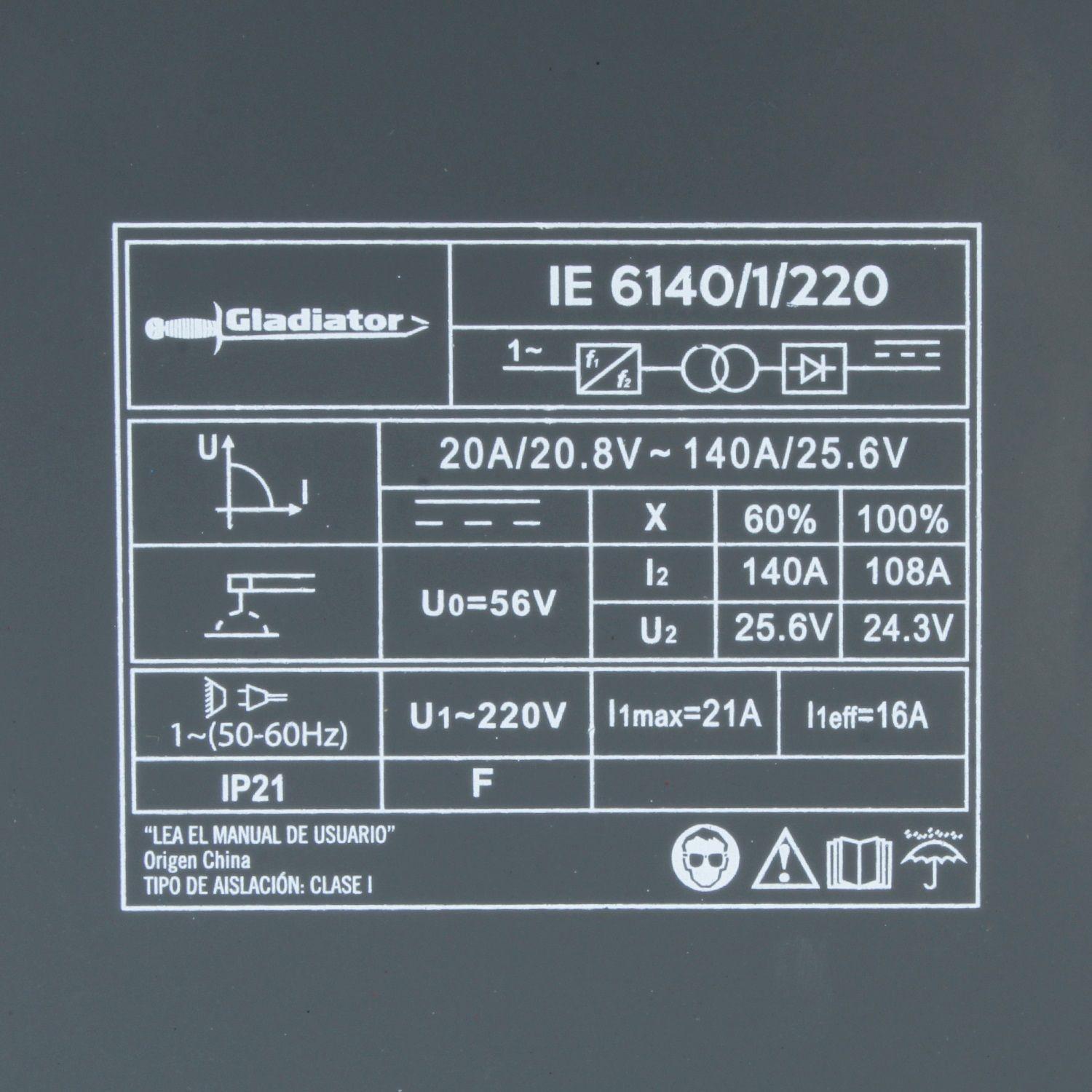 Soldadora Inverter Arco Manual 140amp IE 6140/1/220 Gladiator-6