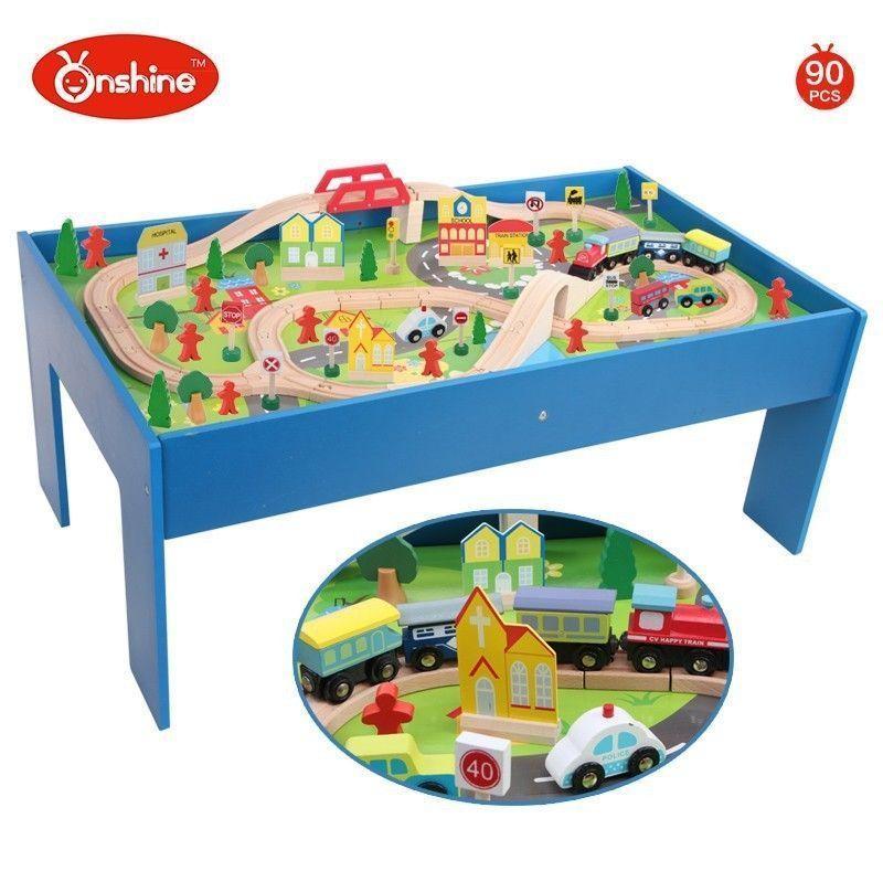 Mesa Educativa azulCon pista de trenes de madera-1