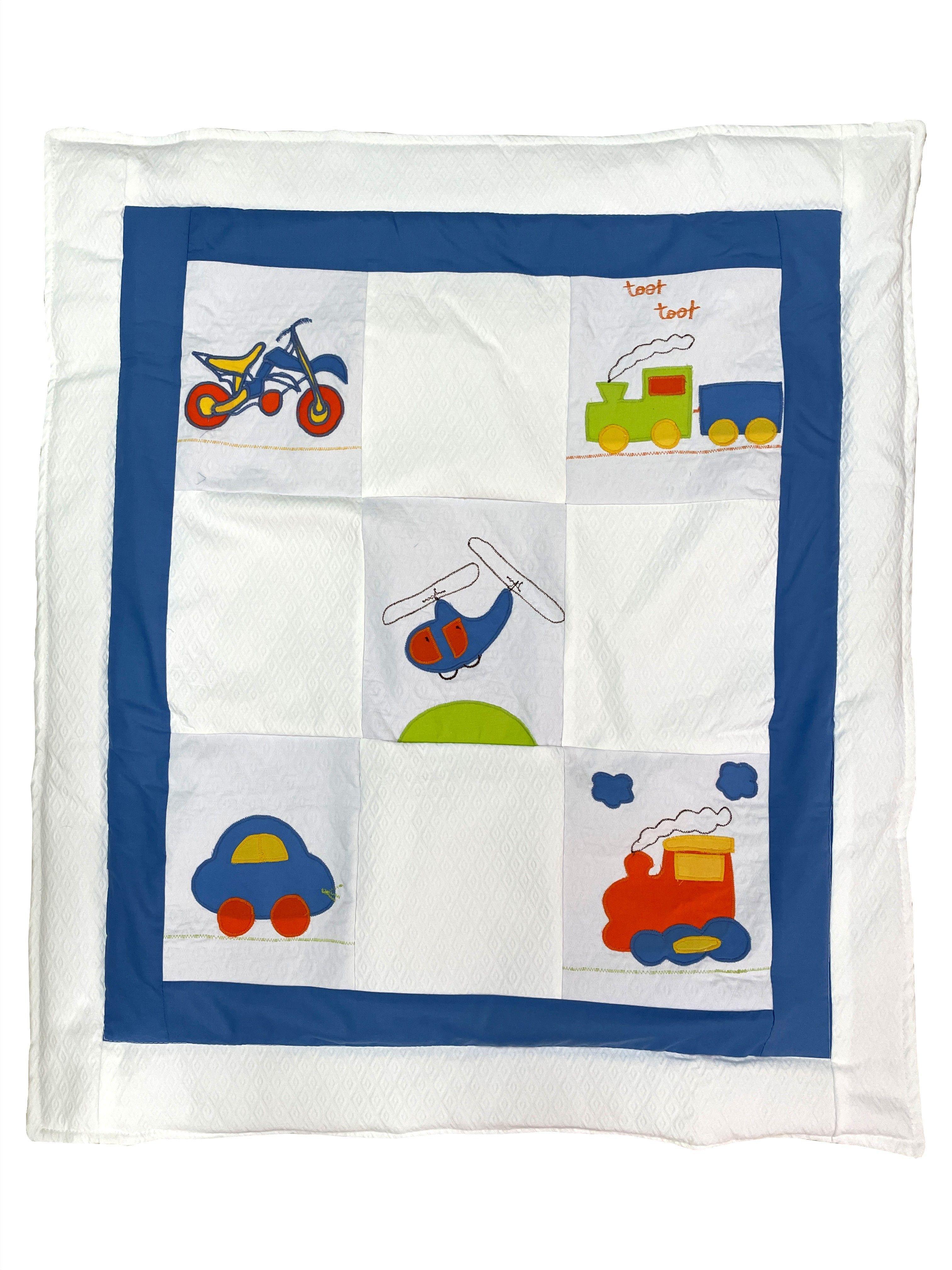 Set Ropa cuna Corral pack and play 5 piezas azul motores-1