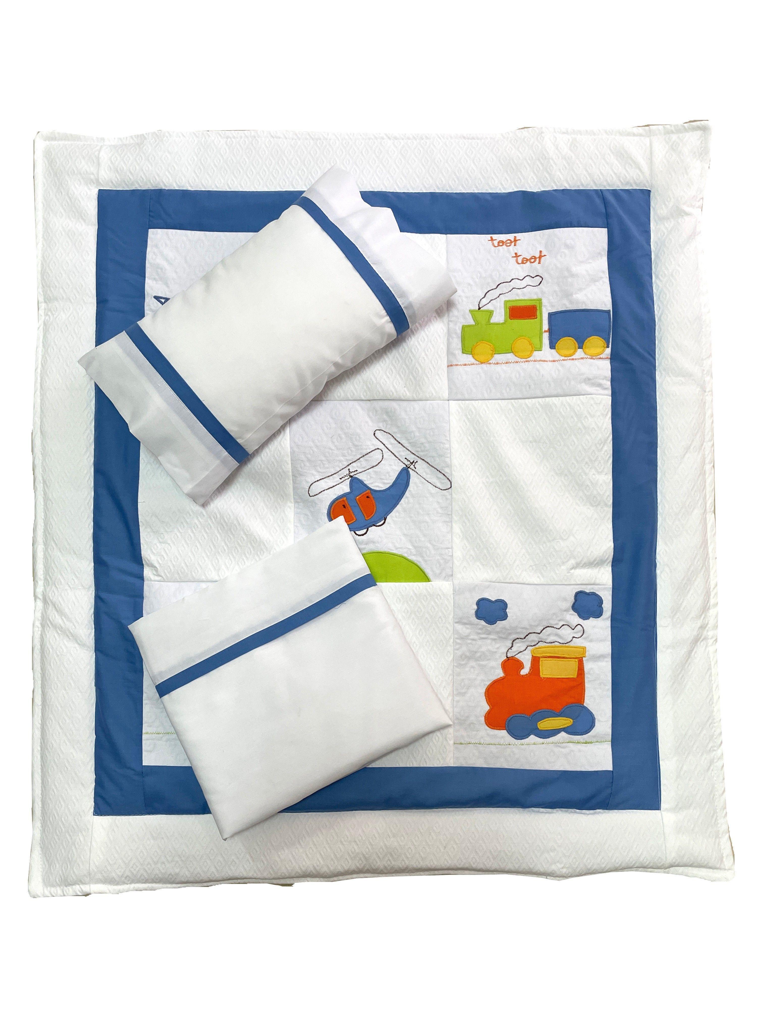 Set Ropa cuna Corral pack and play 5 piezas azul motores-0