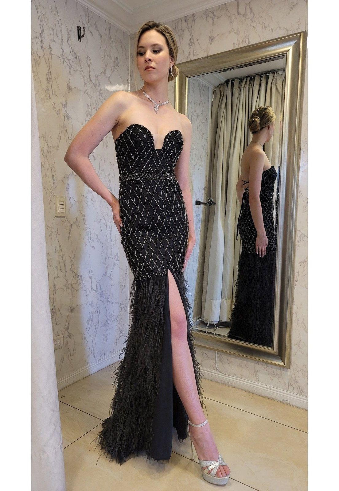VESTIDO LARGO PLUMAS LJ135 NEGRO-2