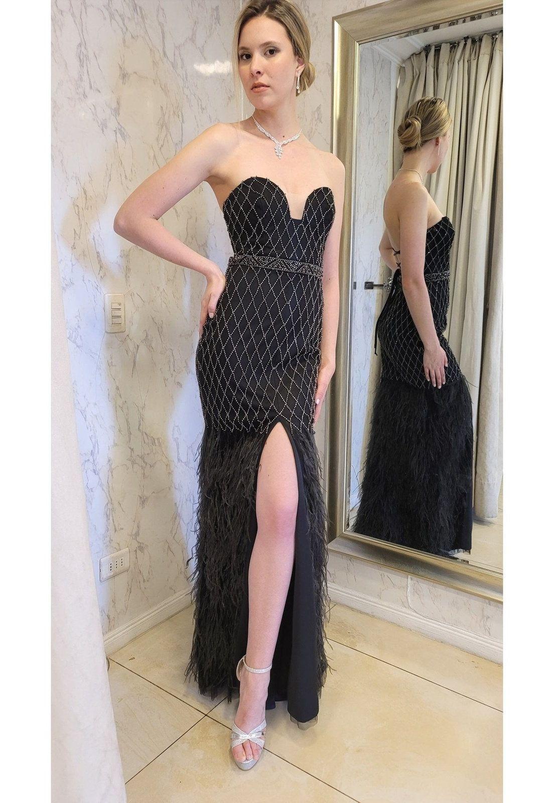 VESTIDO LARGO PLUMAS LJ135 NEGRO-4