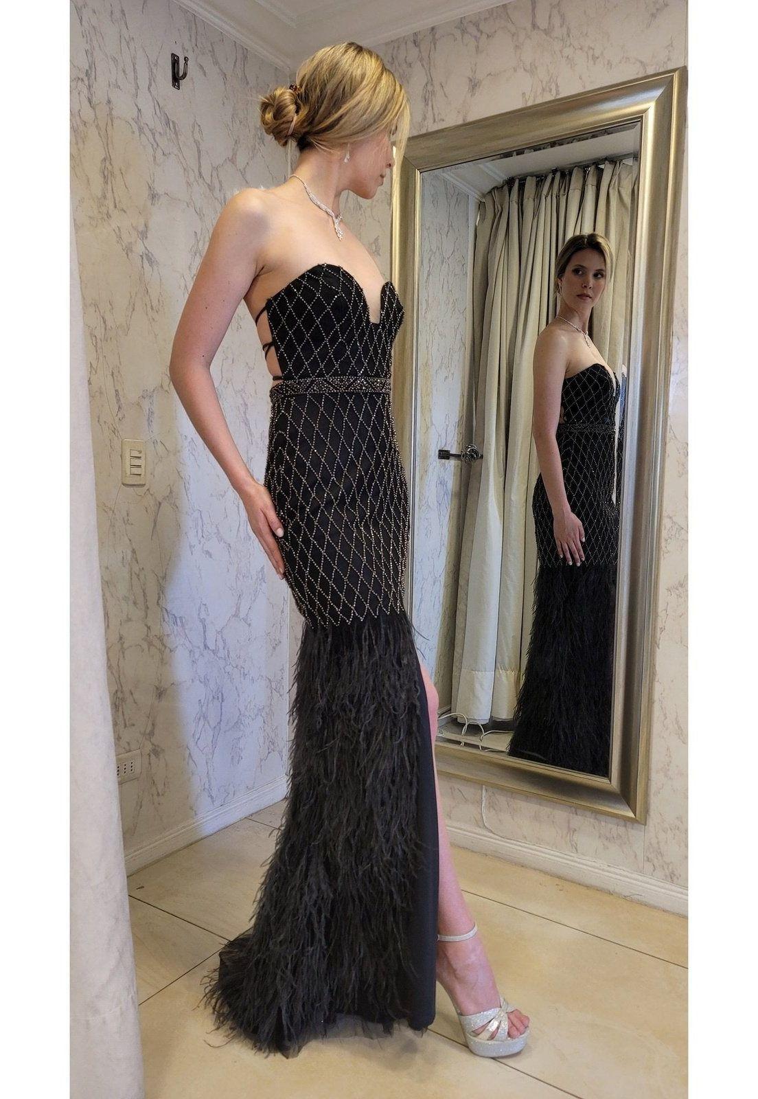 VESTIDO LARGO PLUMAS LJ135 NEGRO-5
