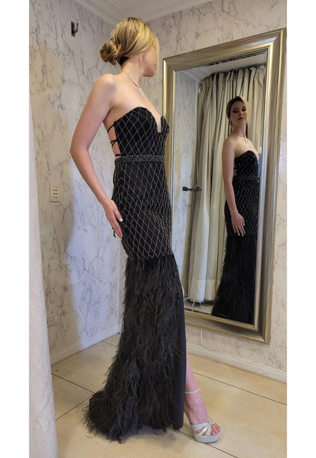 VESTIDO LARGO PLUMAS LJ135 NEGRO-6