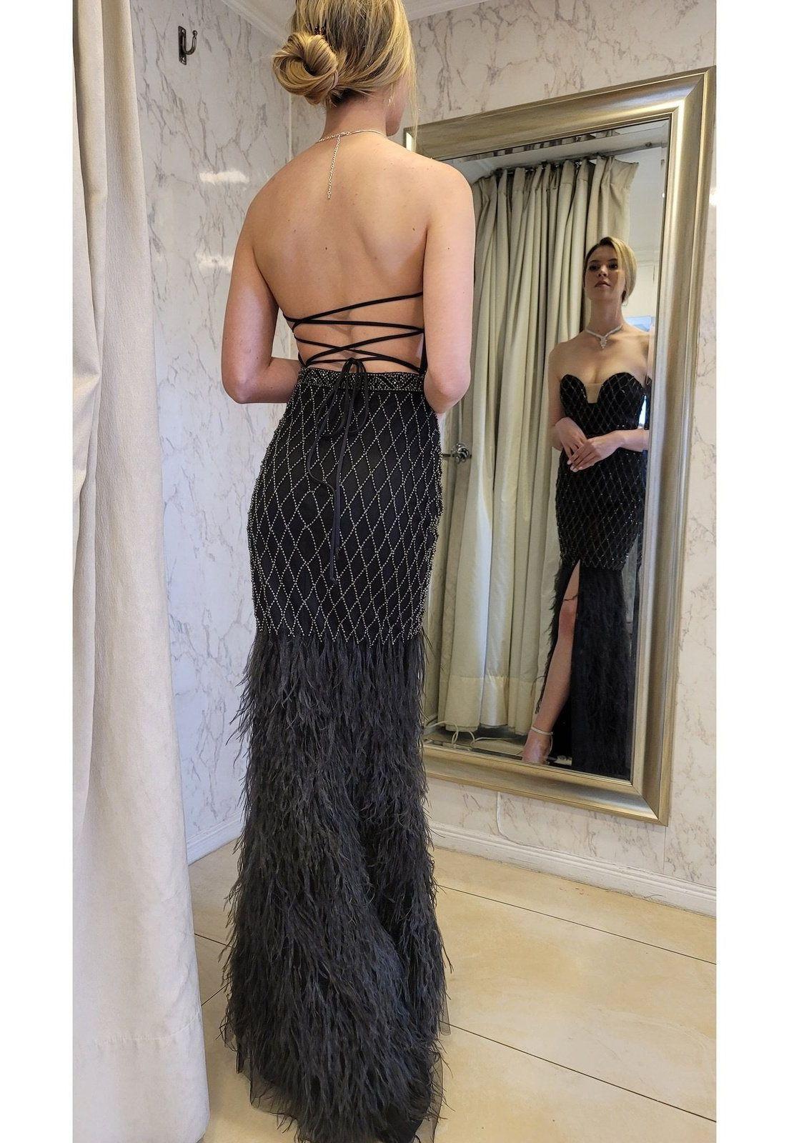 VESTIDO LARGO PLUMAS LJ135 NEGRO-9