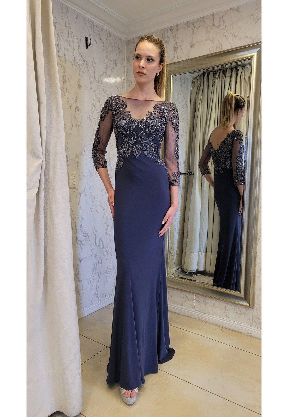 VESTIDO LARGO CON MANGAS LMV1017 GRIS GRAFITO-4