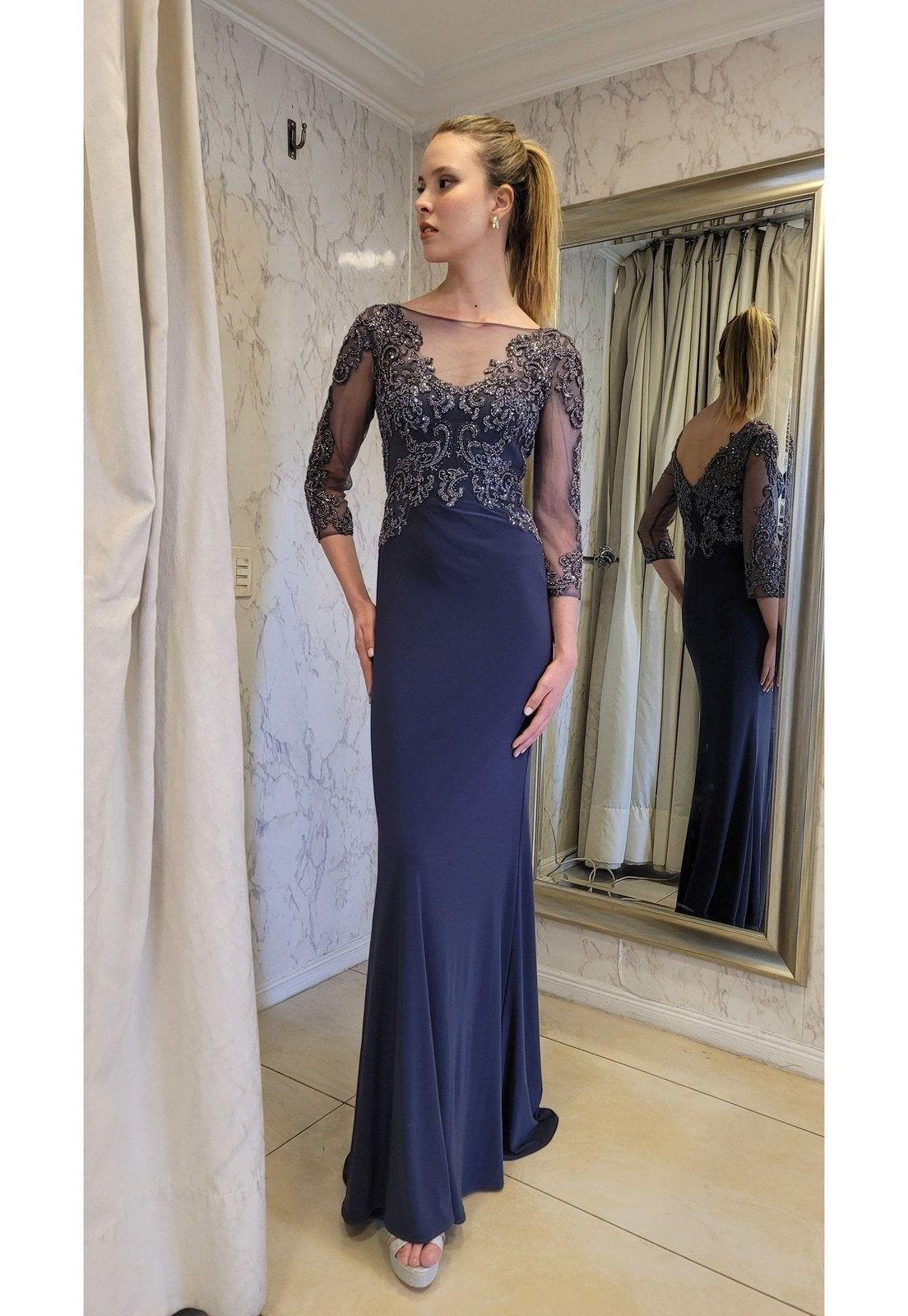 VESTIDO LARGO CON MANGAS LMV1017 GRIS GRAFITO-5