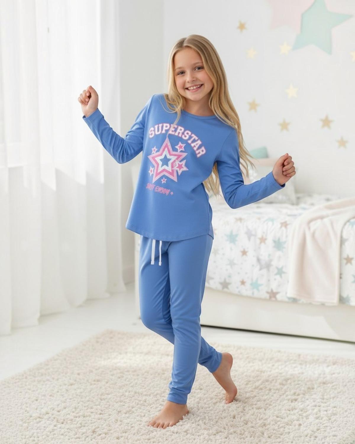 Pijama Niña Estampado Super Star Celeste-2
