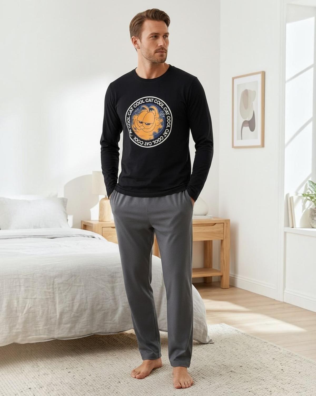 Pijama Hombre Algodón Estampado Garfield Negro-2