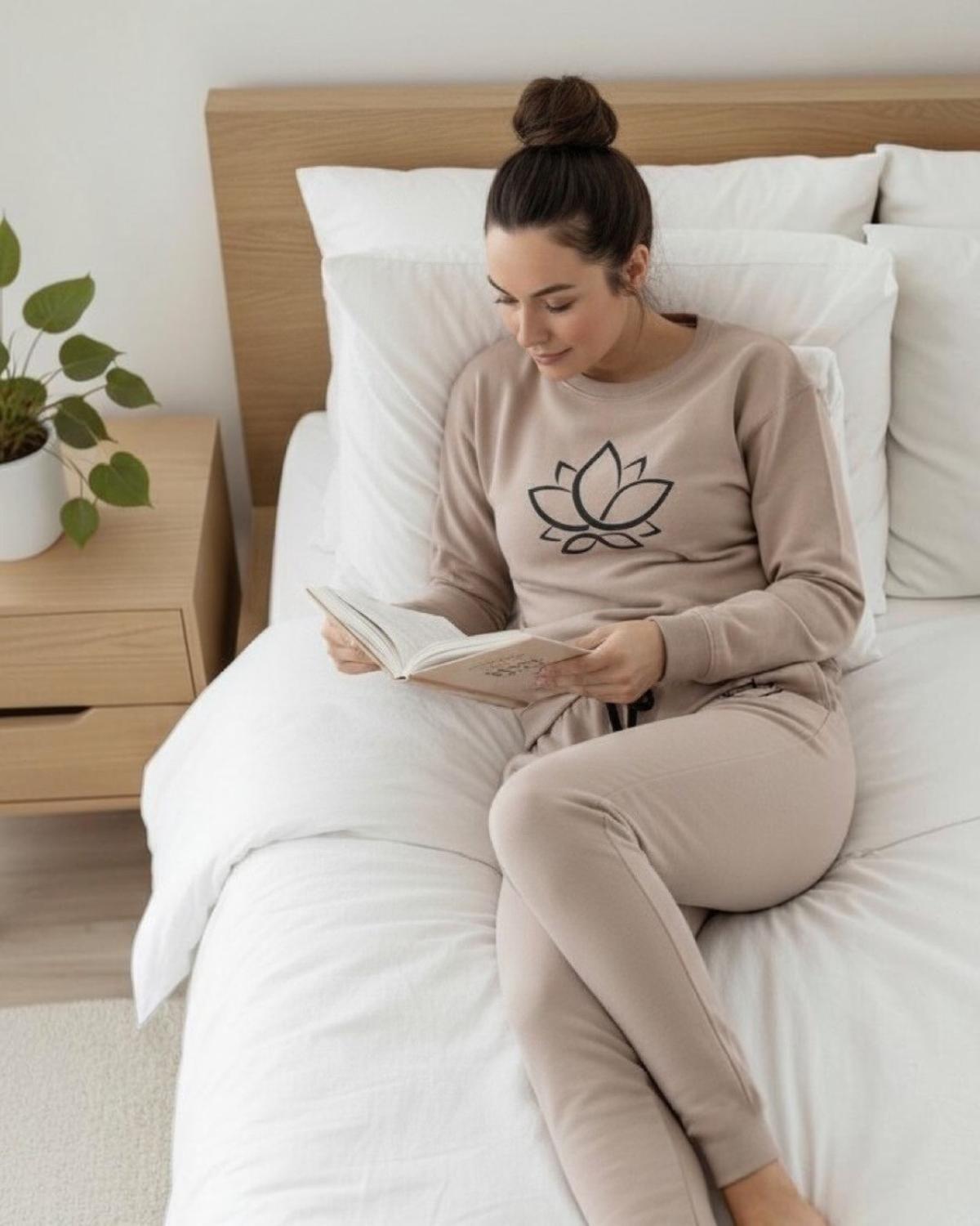 Pijama Franela Mujer Estampado Flor de Loto Beige-2