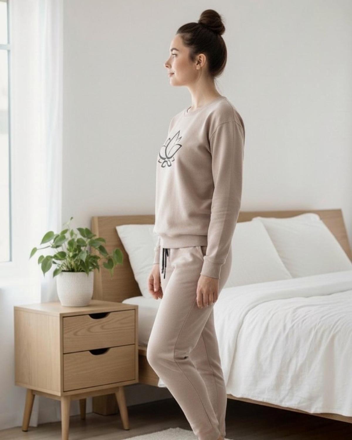 Pijama Franela Mujer Estampado Flor de Loto Beige-3