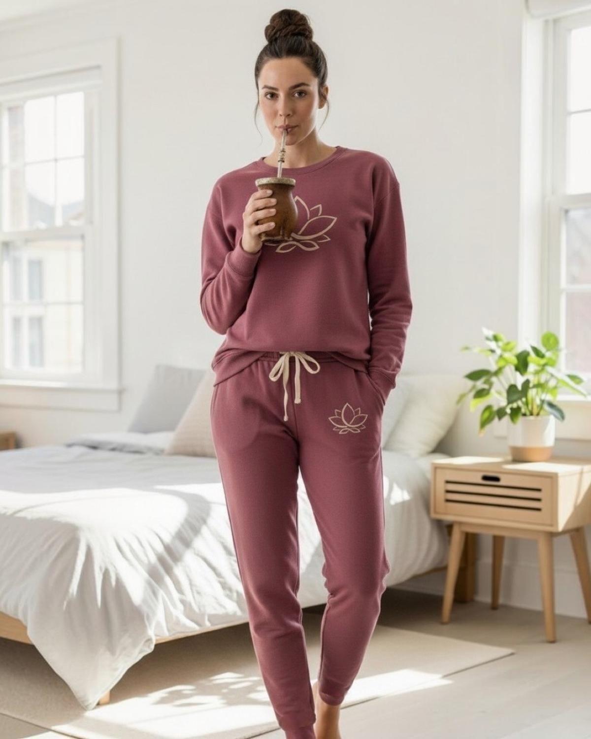 Pijama Franela Mujer Estampado Flor de Loto Burdeo-3