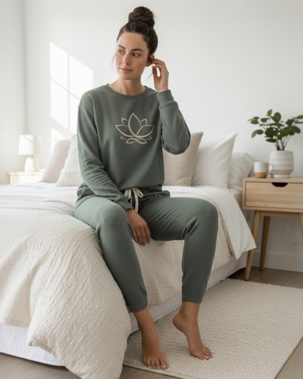 Pijama Franela Mujer Estampado Flor de Loto Verde-1