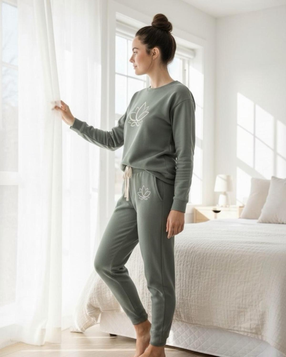 Pijama Franela Mujer Estampado Flor de Loto Verde-2