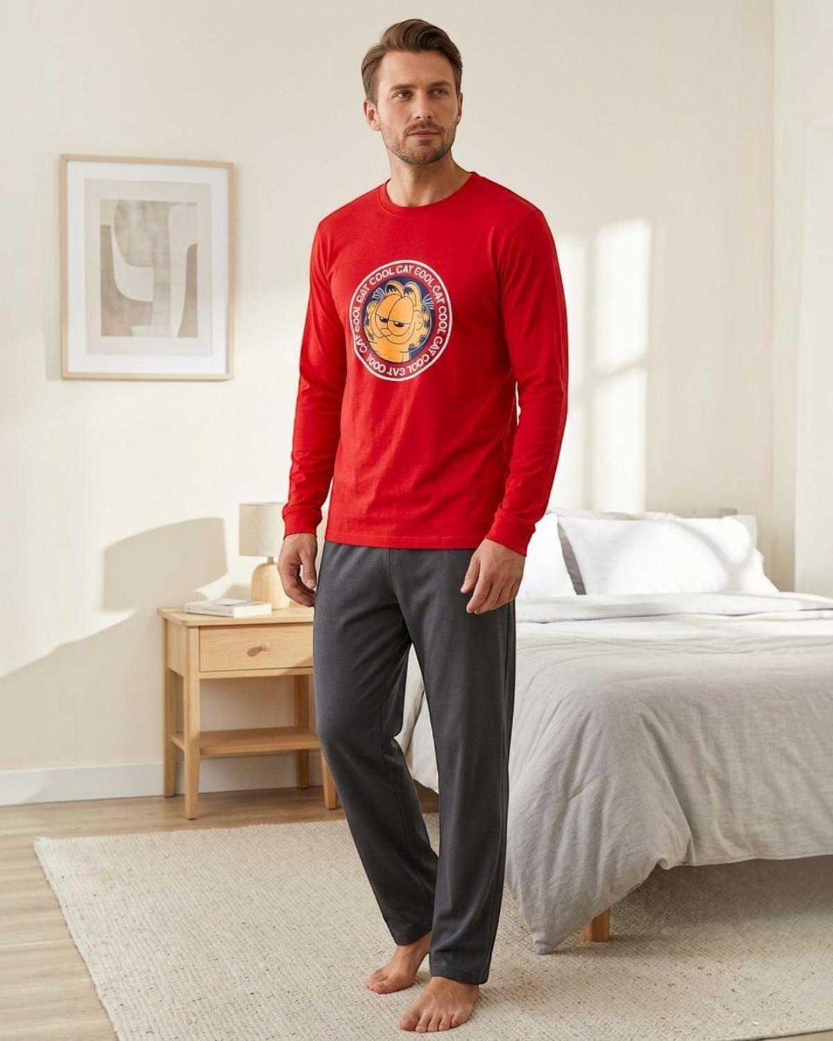 Pijama Hombre Algodón Estampado Garfield Rojo-0