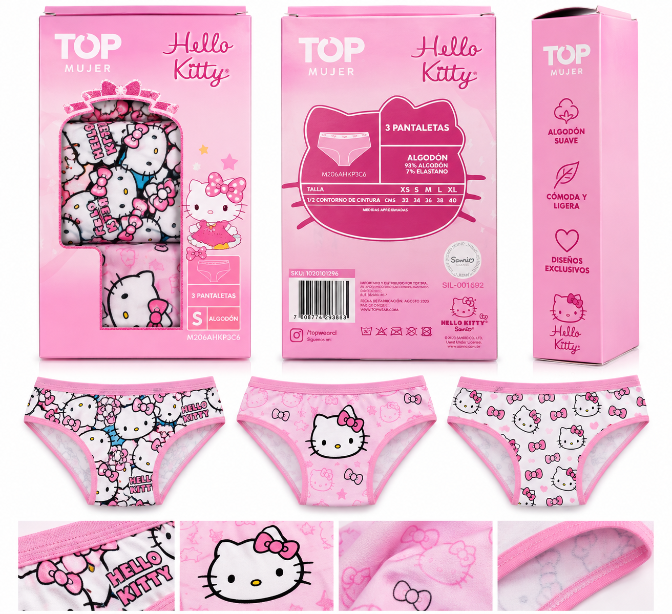 Pack 3 Pantaletas Mujer Hello Kitty Algod n Talla S TOP Mujer-1