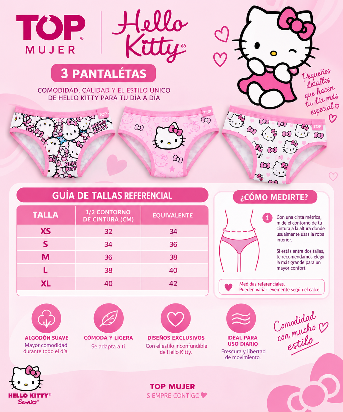 Pack 3 Pantaletas Mujer Hello Kitty Algod n Talla S TOP Mujer-3