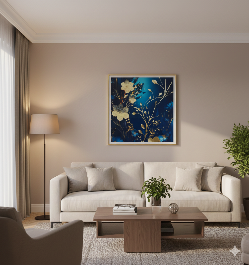 Cuadro Azul con Flores Doradas Minimalista 60x60cm-2