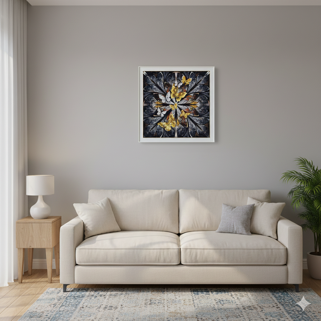 Cuadro de mariposas en tonos dorados y blancos 80x80cm-2