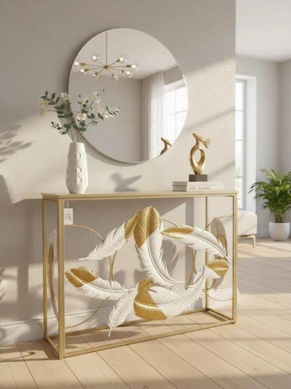 Mesa De Arrimo Elegante, Diseño Plumas Y Tonos Dorados-2