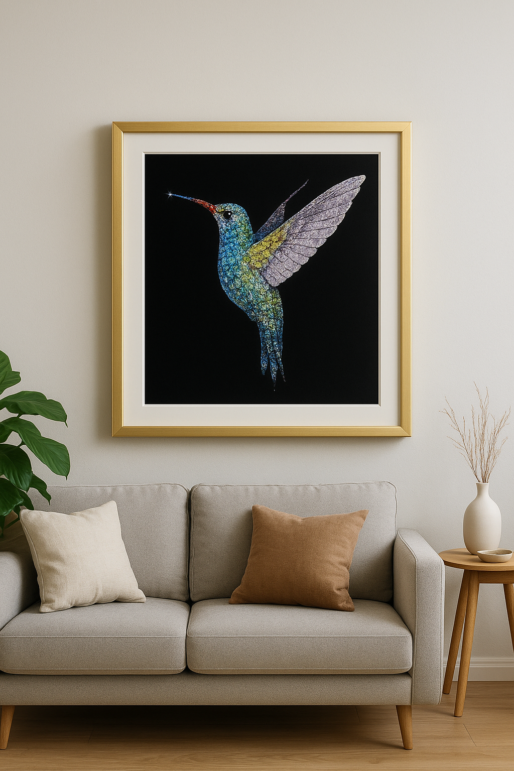 Cuadro Colibrí con Marco Dorado Izq 60x60cm -2