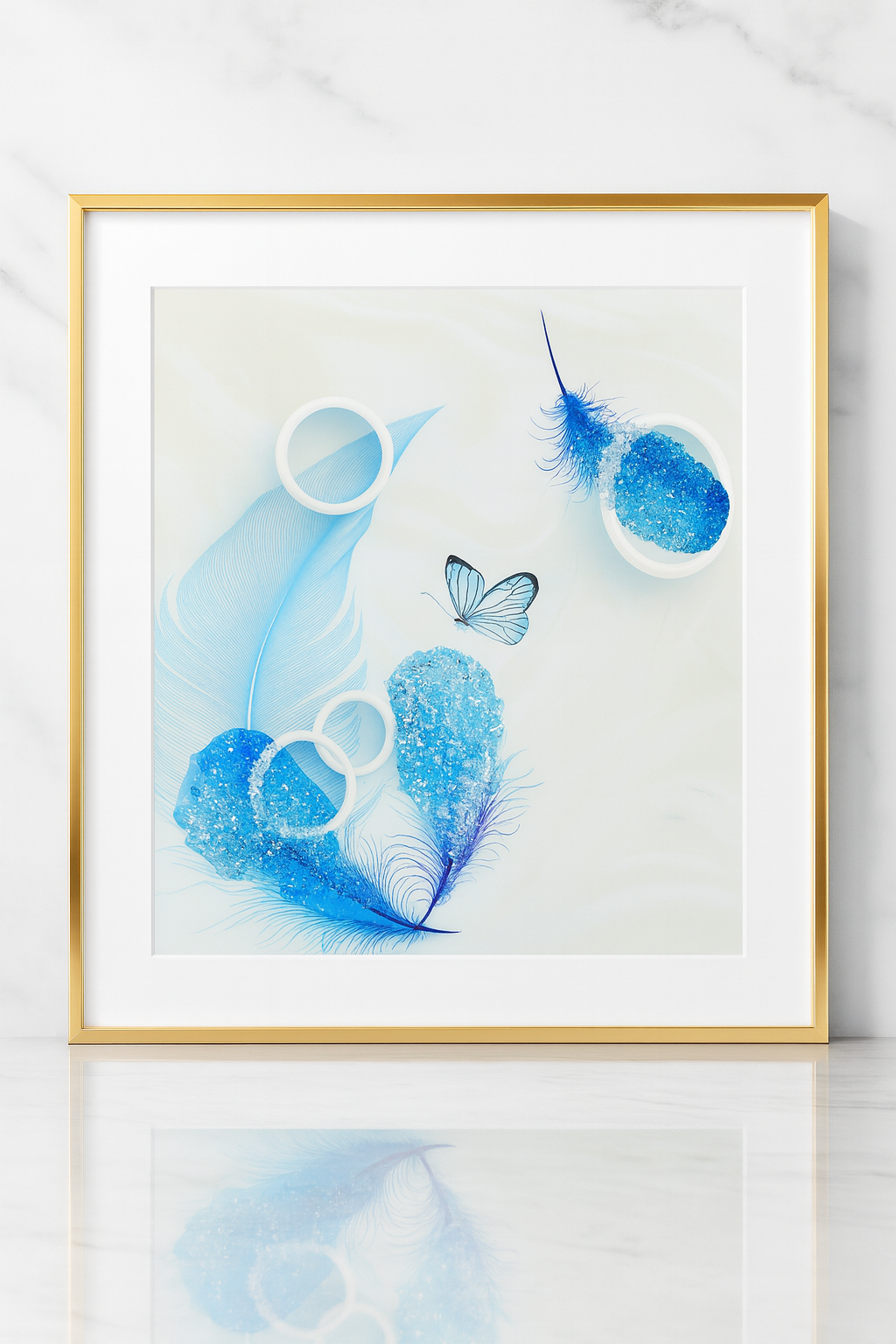 Cuadro con Plumas Azules y Mariposa Moderno 60x60cm-2