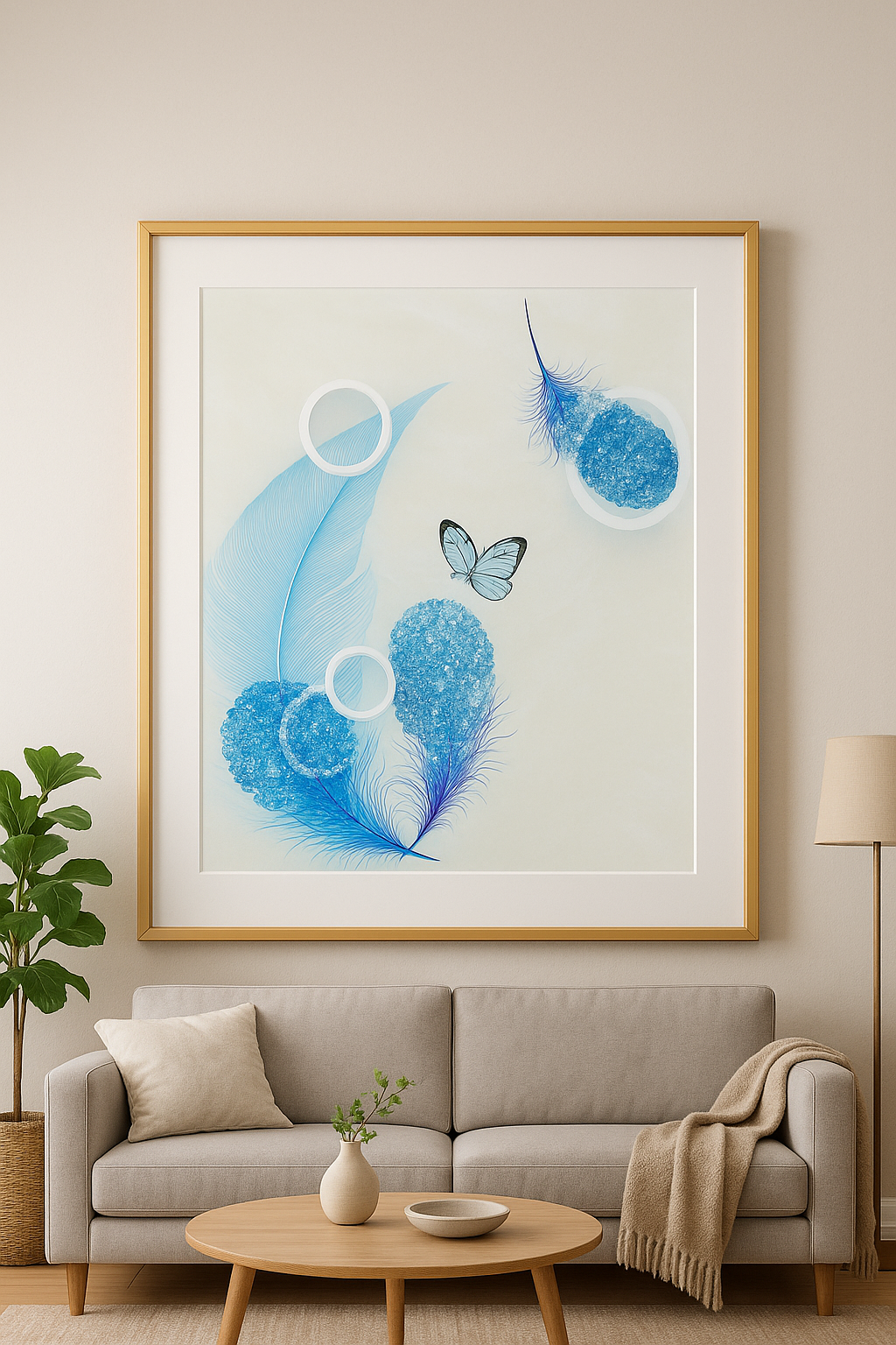 Cuadro con Plumas Azules y Mariposa Moderno 60x60cm-3