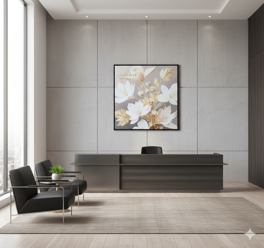 Cuadro Minimalista Flores Blancas y Dorado 60x60cm-2