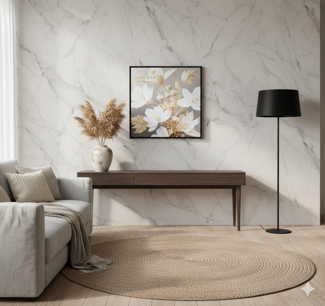 Cuadro Minimalista Flores Blancas y Dorado 60x60cm-3