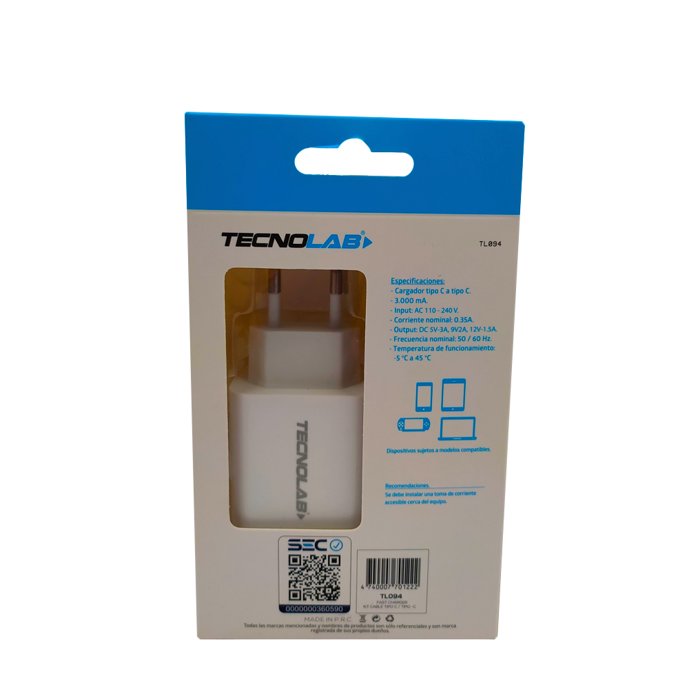 CARGADOR PARED USB-C PD + CABLE USB-C A USB-C TECNOLAB-0