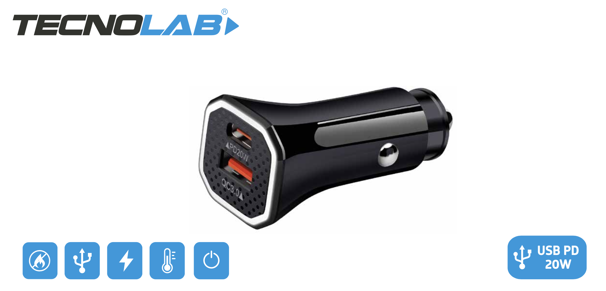 CARGADOR DE AUTO CARGA RAPIDA TECNOLAB 20W PD USB 3.0 TL184-0