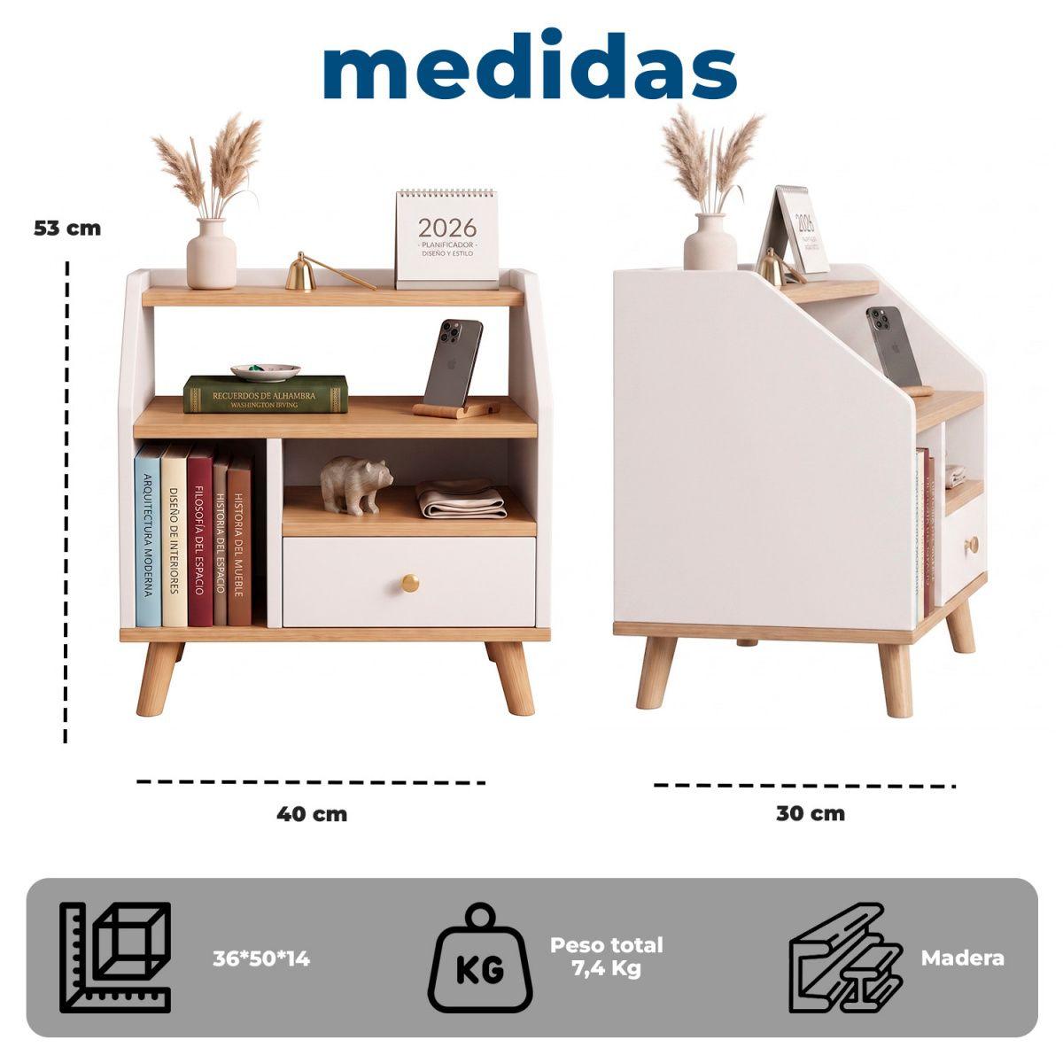 Velador con Cajón Doble Repisa y Compartimientos 53×40×30cm-7