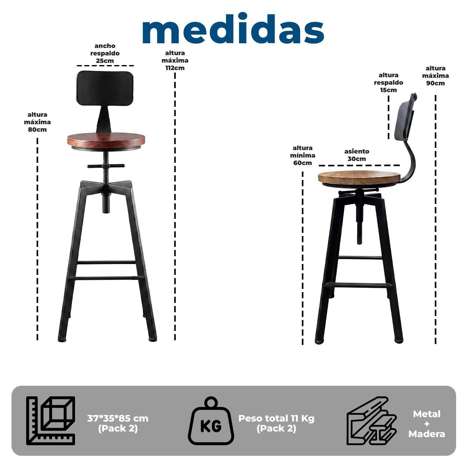 pack 2 Taburete Silla Bar Cocina Piso Alto Madera Metal Estilo Industrial-7