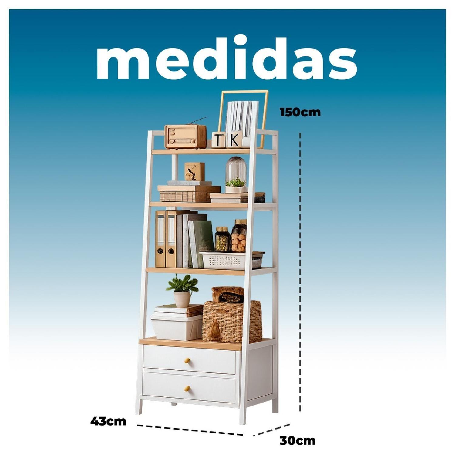 Librero Tipo Escalera con Cajonero 4 Repisas Blanco Madera-5