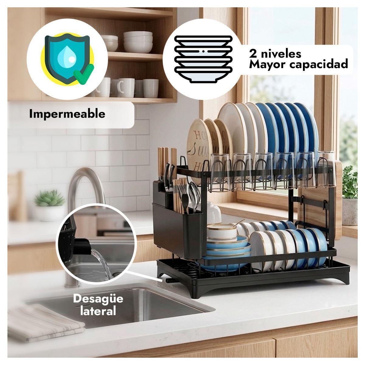 Escurridor de Platos 2 Niveles con Desagüe Giratorio 360°-1
