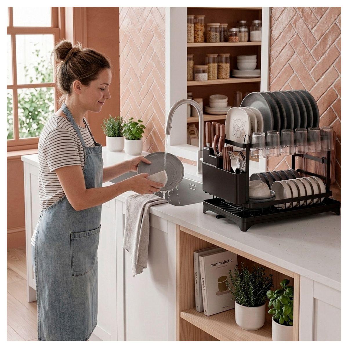 Escurridor de Platos 2 Niveles con Desagüe Giratorio 360°-6