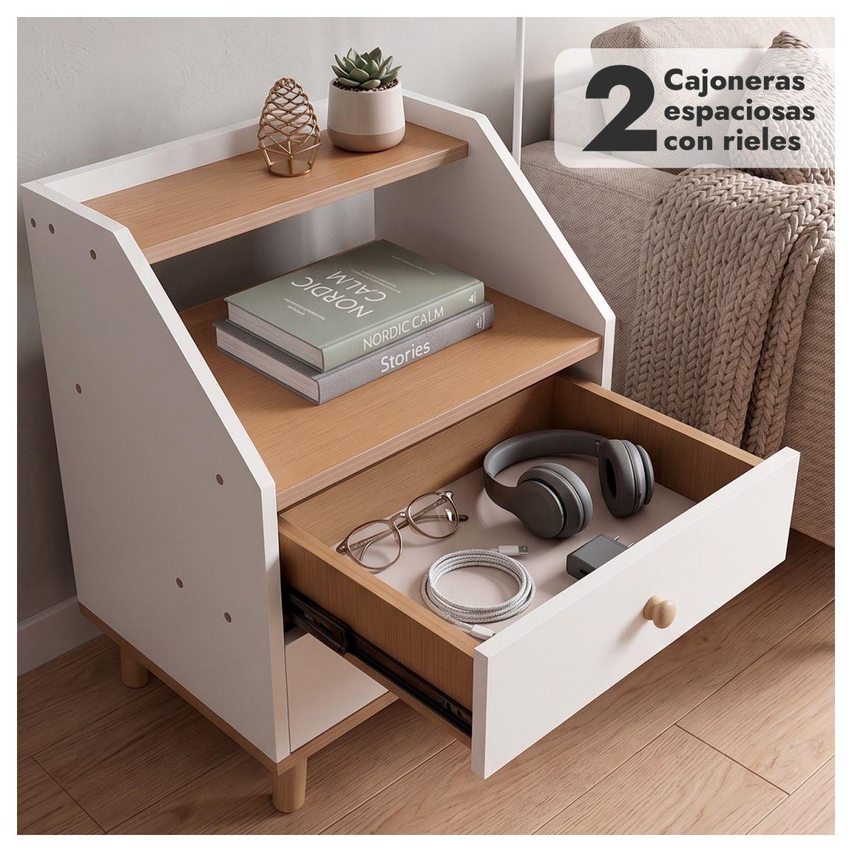 Velador de Madera con 2 Cajones y Doble Repisa 53x40x30 cm-3