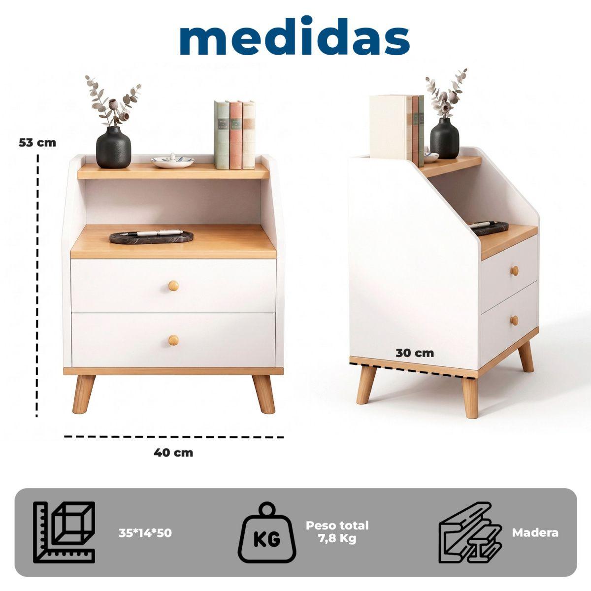 Velador de Madera con 2 Cajones y Doble Repisa 53x40x30 cm-7