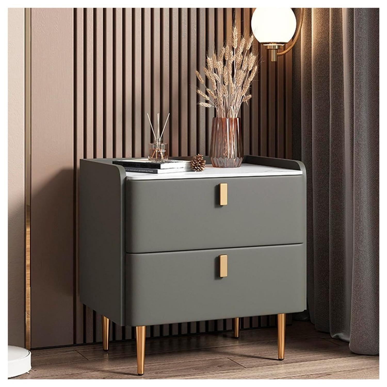 Velador Moderno 2 Cajones con Patas Doradas Mesa de Noche de Lujo para Dormitorio-2