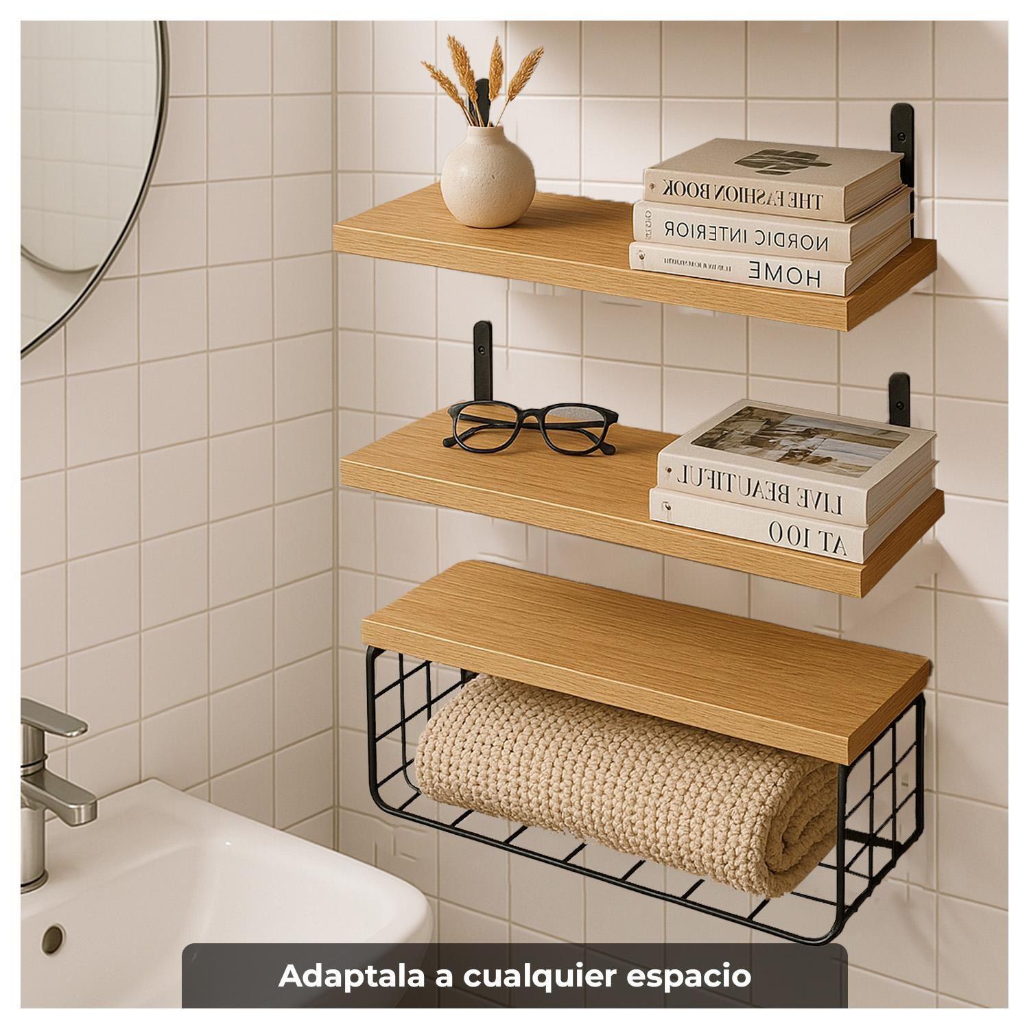 Repisas flotantes de madera Set de 3 niveles con canasta metálica-2