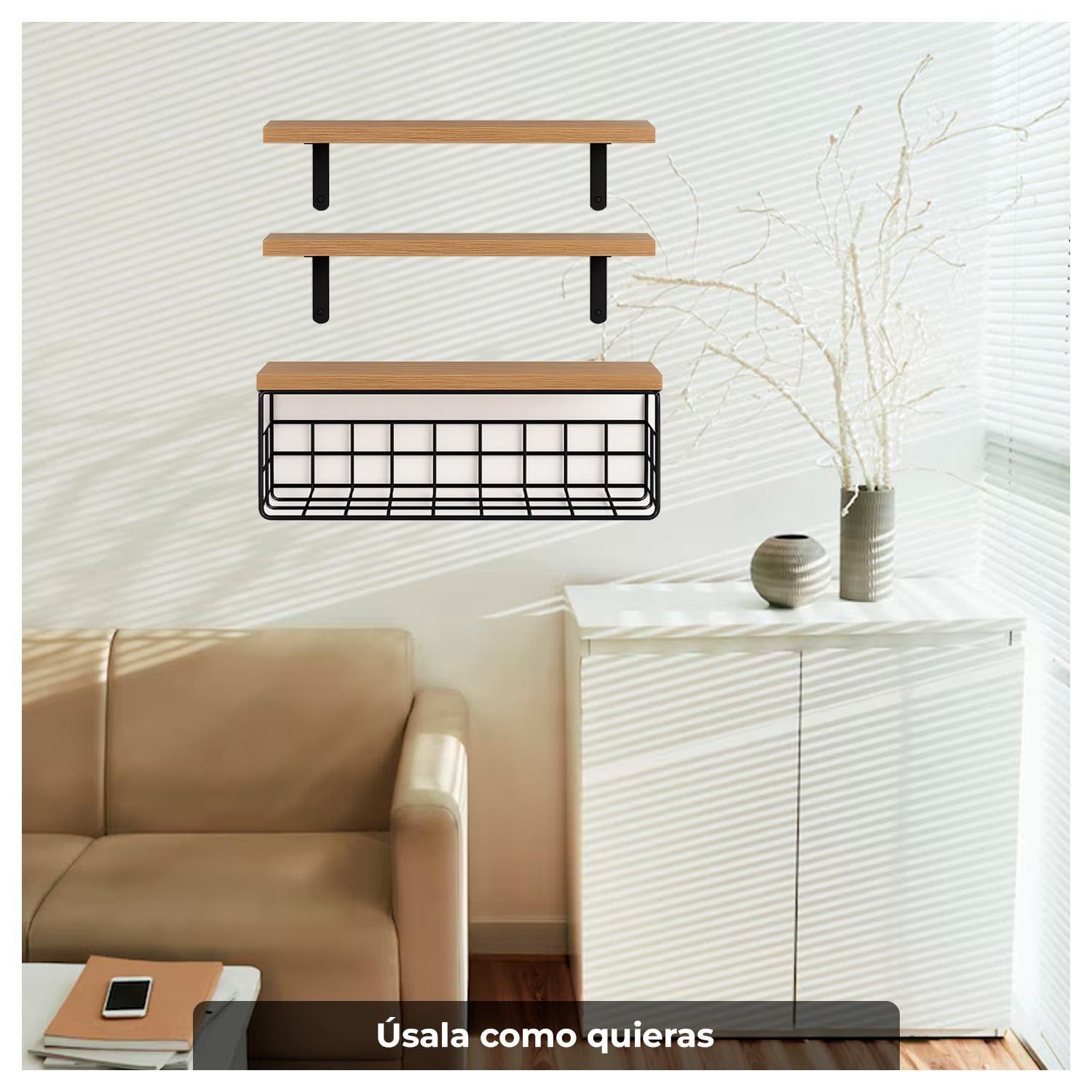 Repisas flotantes de madera Set de 3 niveles con canasta metálica-3
